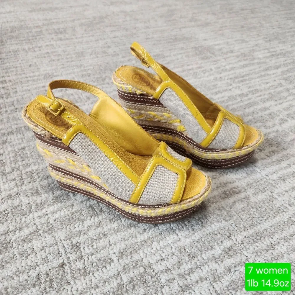 Tory Burch espadrille wedge platform slingback peep-toe sandals yellow size 7
